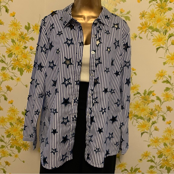 Striped Cut-Out Star Embroidery Long Sleeve Button up Shirt blue size M - Picture 6 of 15